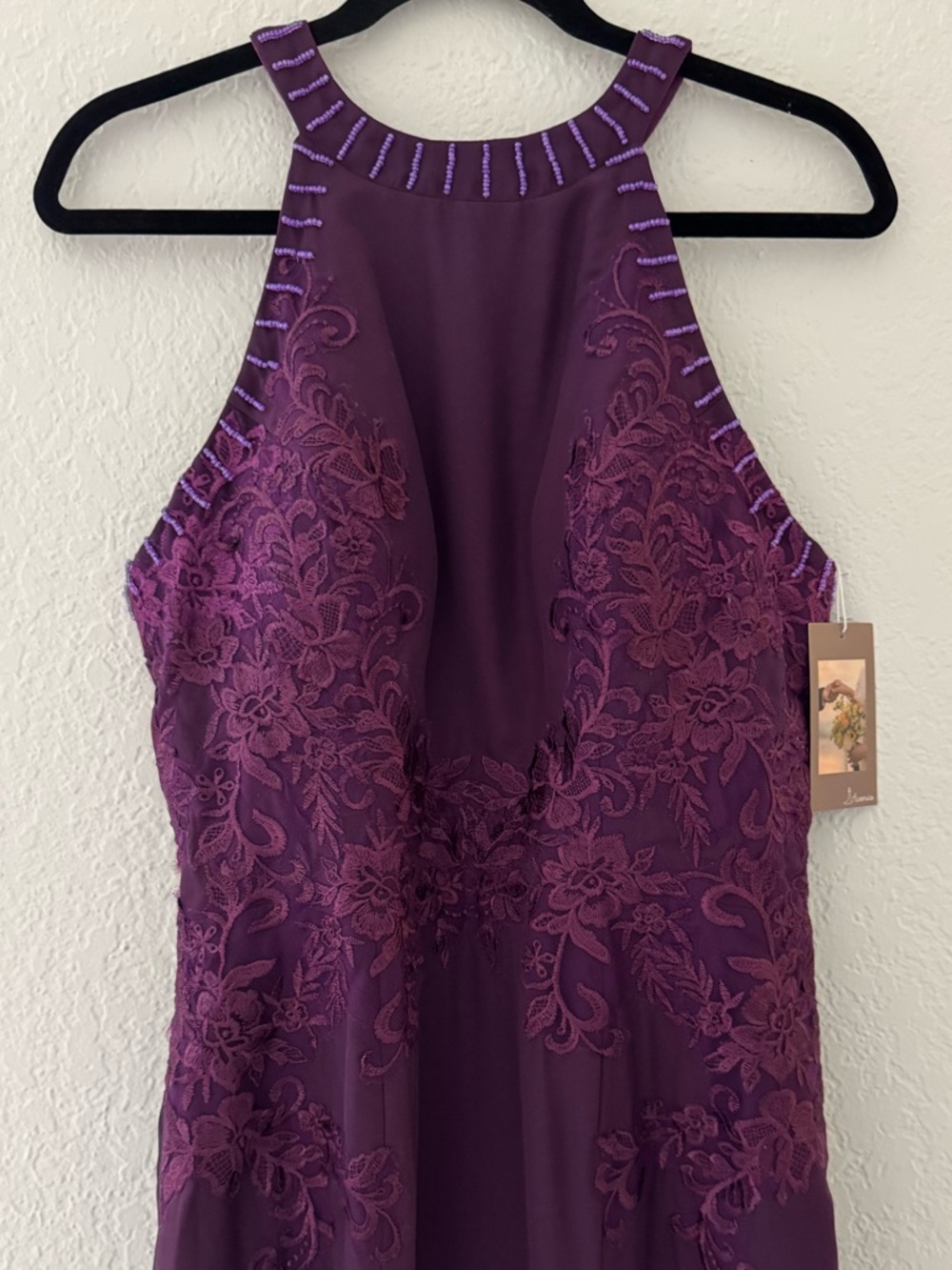 Plum Purple Lace Appliqué Beaded Halter Gown |  Formal Dress | Wedding Guest - Picture 11 of 13